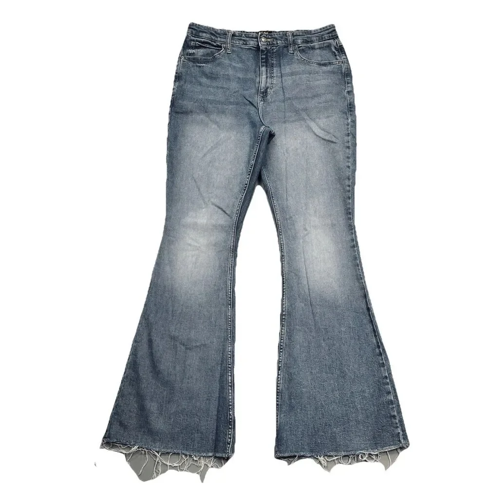 Lee High Rise Flare Jeans 12 (31x30) Medium Blue Denim Stretch Raw Hem Womens